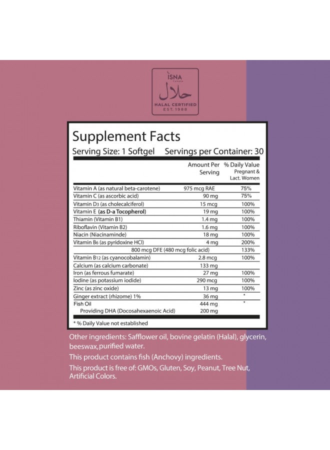 Noor Vitamins Noor Vitamins Halal Prenatal Vitamins with DHA and Folic Acid, Essential Vitamins, Ginger to Soothe Mom's Stomach, Iron, Softgels, Prenatal Vitamin Before/During/Post Pregnancy (1 Month Supply) - Image 2