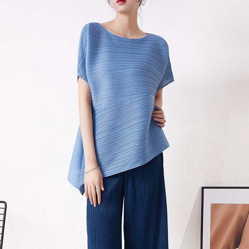 Miyake Top Pleated Short Top Design Sense Womens Niche Summer Asymmetrical Loose plus size Round Neck T-shirt Short Sleeve Apricot - Image 2