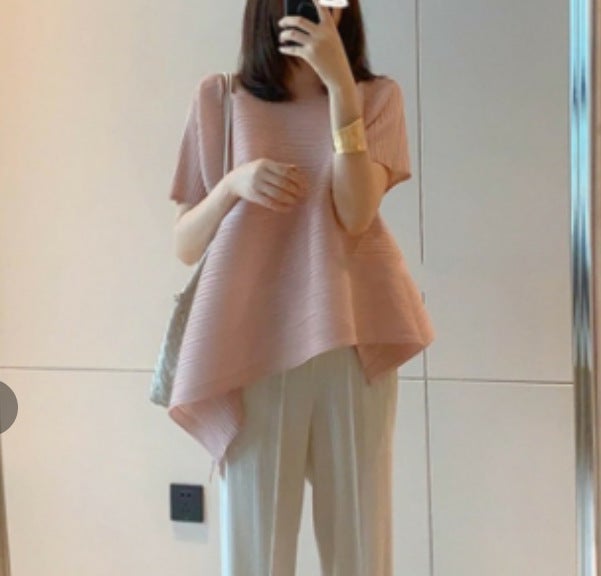 Miyake Top Pleated Short Top Design Sense Womens Niche Summer Asymmetrical Loose plus size Round Neck T-shirt Short Sleeve Apricot - Image 4