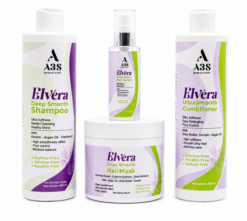 Elvéra Deep Smooth Hair Care Set – Shampoo, Conditioner, Hair Mask & Serum for Smooth, Shiny and Frizz-Free Hair