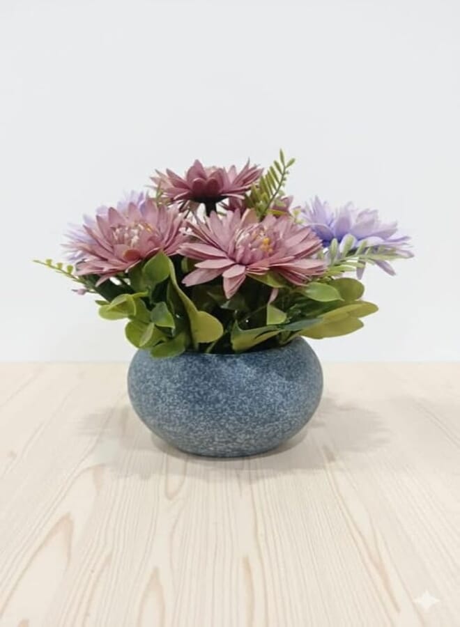Premium Artificial Flowers, Purple and Blue Flower Bouquet with Grey Stone Vase, Modern Home Decor for Tables and Desk