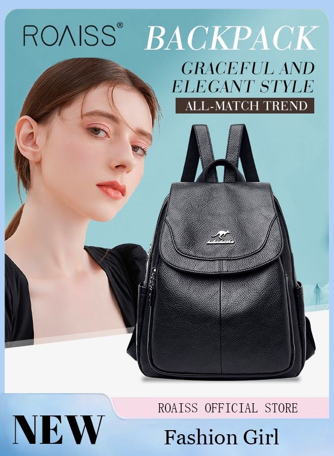 roaiss Casual Backpack Women's New All-Match Large-Capacity Soft Leather Schoolbag Outdoor Travel Backpack Ladies Bag Lightweight Waterproof Scientific Storage Backpack for Women  - Image 1
