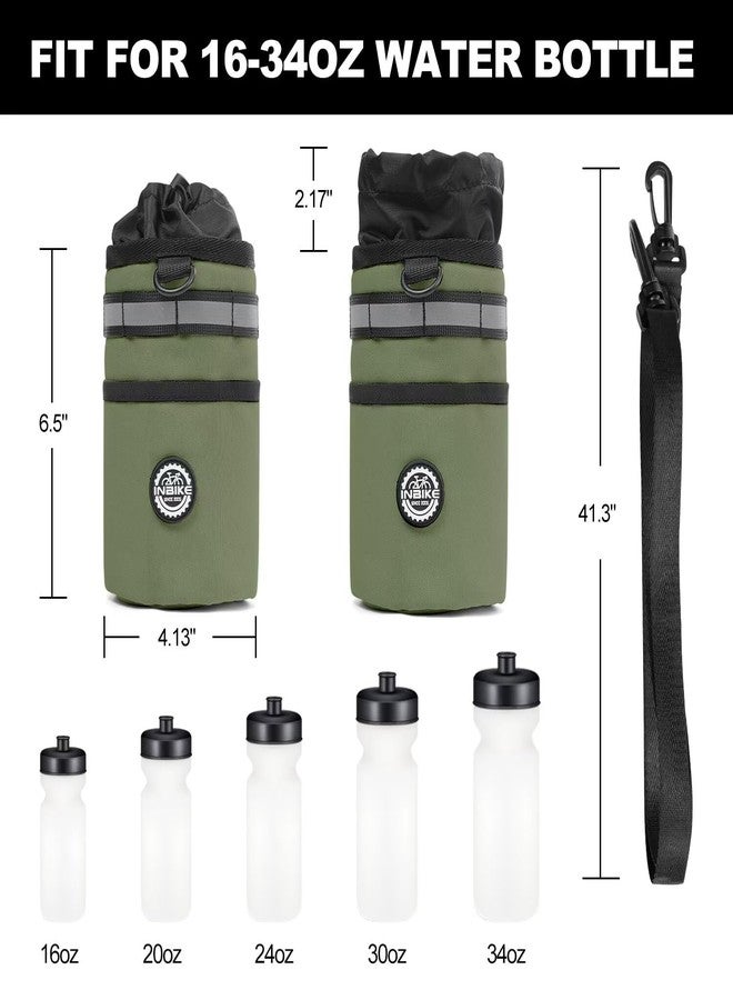 INBIKE Bike Cup Holder, 16oz - 34oz Installing Insulated Water Bottle Holder Handlebar for Bicycle with Extra Pocket Waterproof Reflective, with Removable Hook&Loop Fasteners and Shoulder Strap Green - Image 2