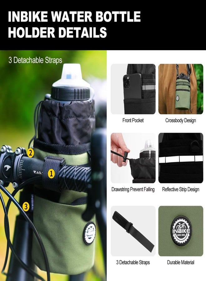 INBIKE Bike Cup Holder, 16oz - 34oz Installing Insulated Water Bottle Holder Handlebar for Bicycle with Extra Pocket Waterproof Reflective, with Removable Hook&Loop Fasteners and Shoulder Strap Green - Image 3