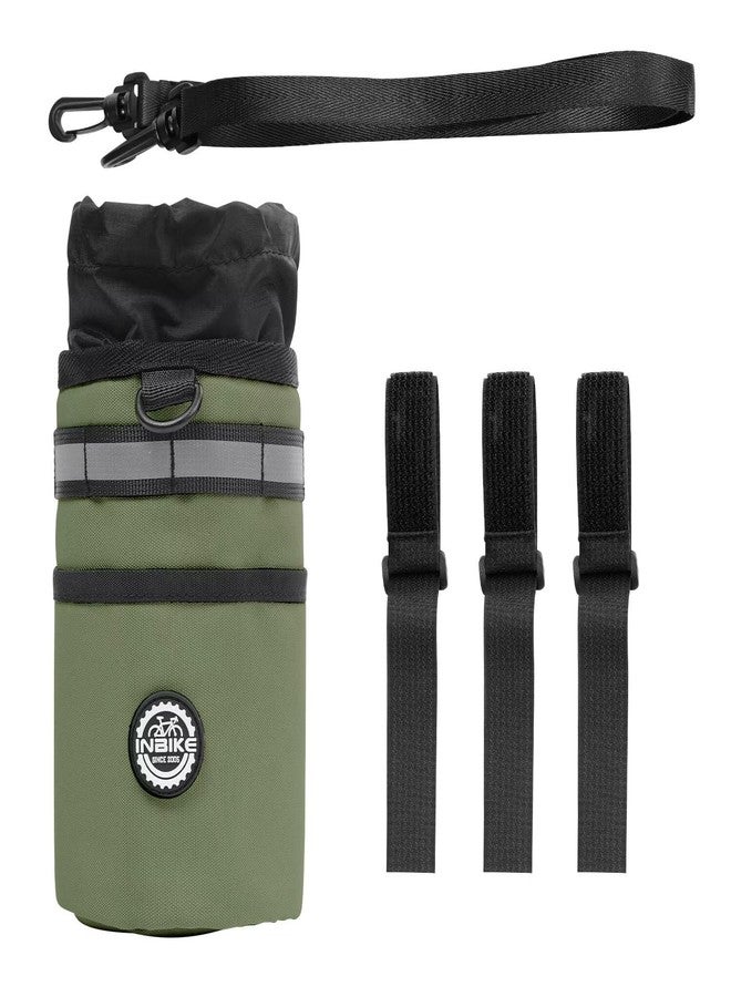 INBIKE Bike Cup Holder, 16oz - 34oz Installing Insulated Water Bottle Holder Handlebar for Bicycle with Extra Pocket Waterproof Reflective, with Removable Hook&Loop Fasteners and Shoulder Strap Green - Image 1