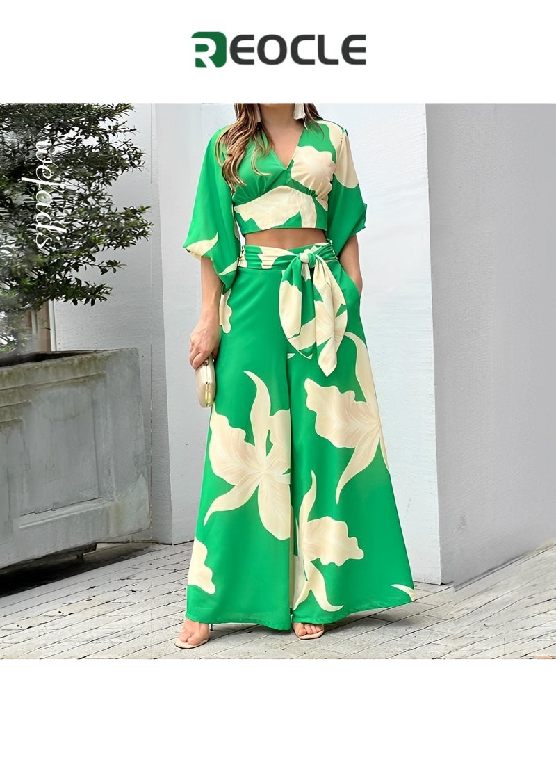 REOCLE - Women's Suits Spring and Summer V-neck Lantern Sleeve Short Tops High-waisted Wide-leg Pants Fashionable Casual Suits - Image 1
