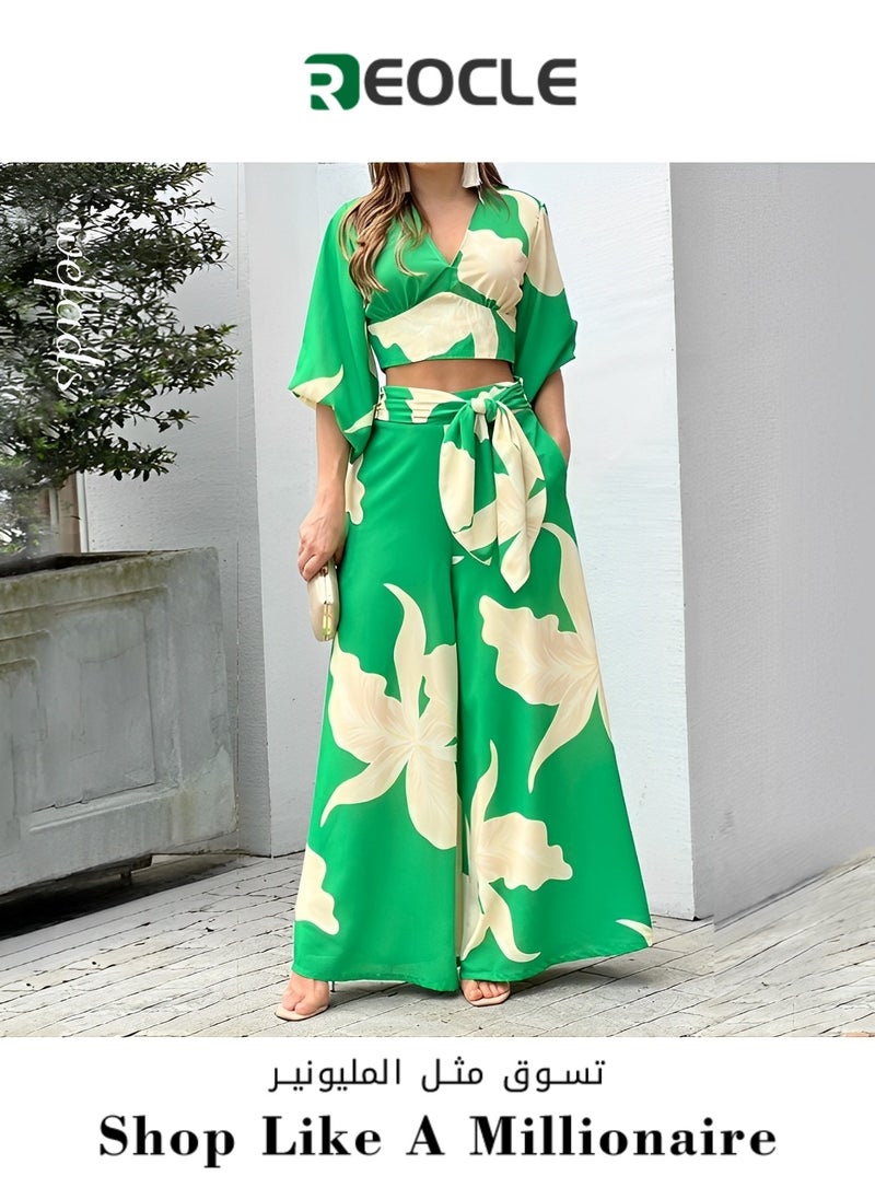 REOCLE - Women's Suits Spring and Summer V-neck Lantern Sleeve Short Tops High-waisted Wide-leg Pants Fashionable Casual Suits - Image 1