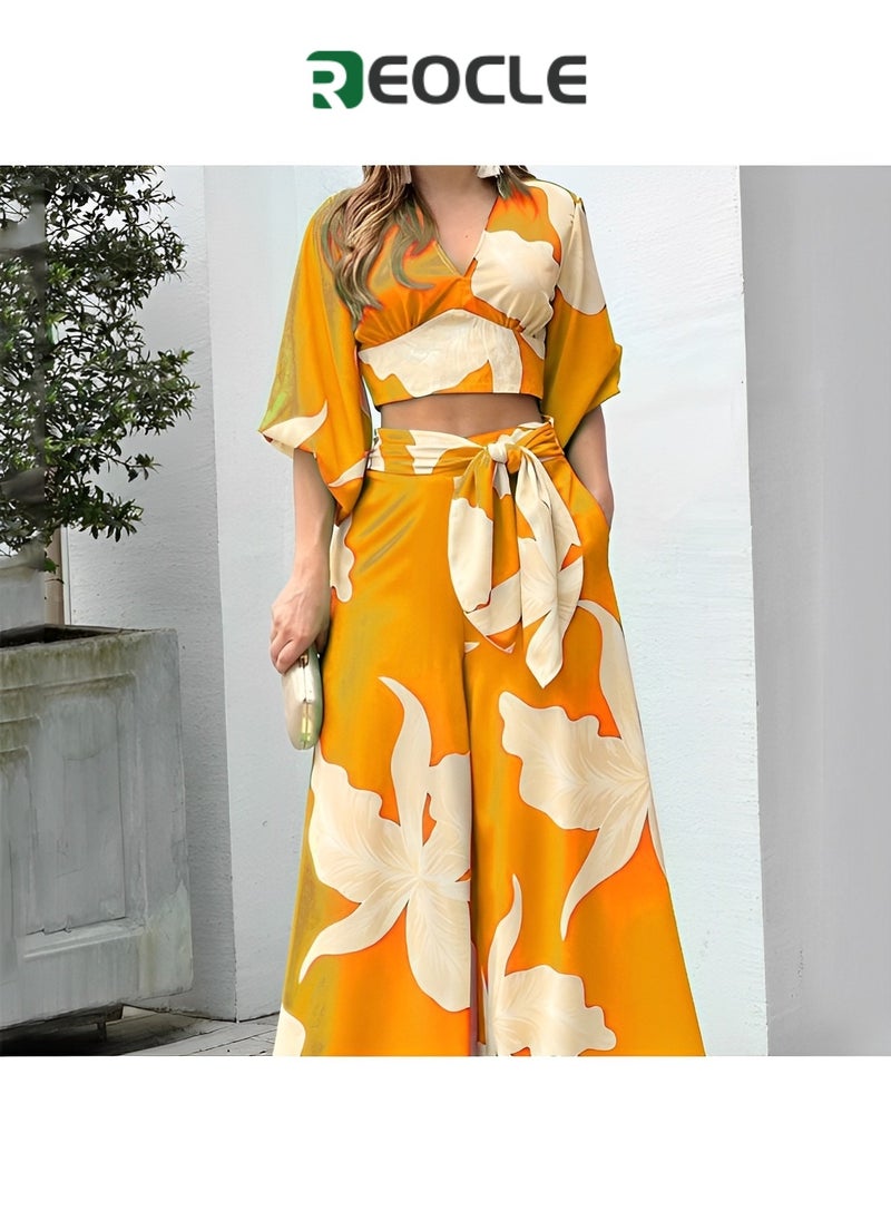 REOCLE - Women's Suits Spring and Summer V-neck Lantern Sleeve Short Tops High-waisted Wide-leg Pants Fashionable Casual Suits - Image 1