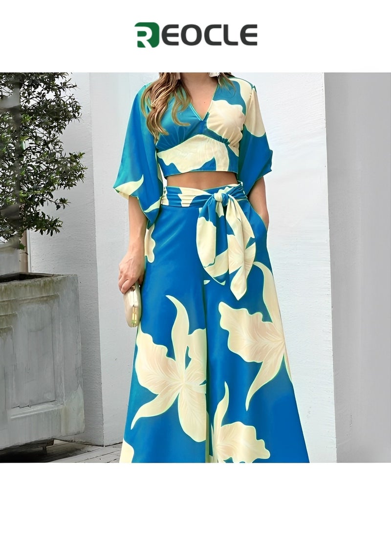 REOCLE - Women's Suits Spring and Summer V-neck Lantern Sleeve Short Tops High-waisted Wide-leg Pants Fashionable Casual Suits - Image 1