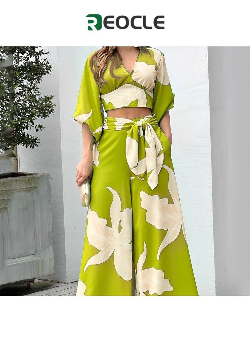 REOCLE - Women's Suits Spring and Summer V-neck Lantern Sleeve Short Tops High-waisted Wide-leg Pants Fashionable Casual Suits - Image 1