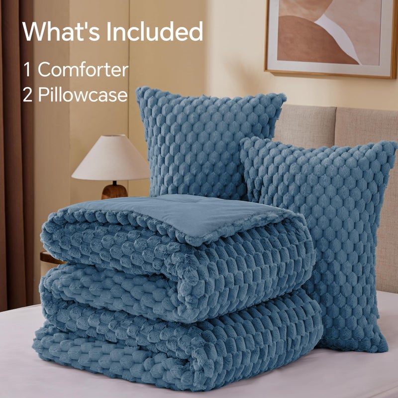 BEDELITE Fluffy King Size Comforter Set - Blue Fog Fleece Soft Comforter for King Size Bed, Luxury Warm Bedding Set for Winter, Fuzzy Bed Set 3 Pieces (1 Comforter, 2 Pillowcases) - Image 4
