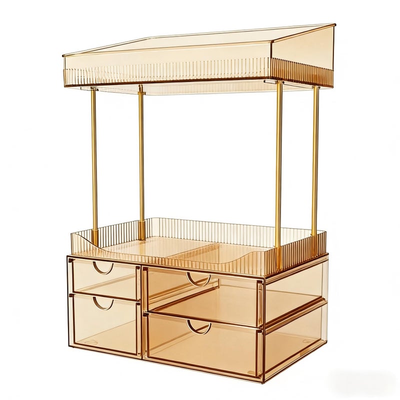 SNSLXH 4 Drawers Makeup Organizer - 4 Tier Makeup Storage, Cosmetics Organiser, Ideal for Cosmetic, 4 Dividers with Drawers for Countertop, Bathroom, Office Supplies, Dresser Transparent Tawny - Image 1