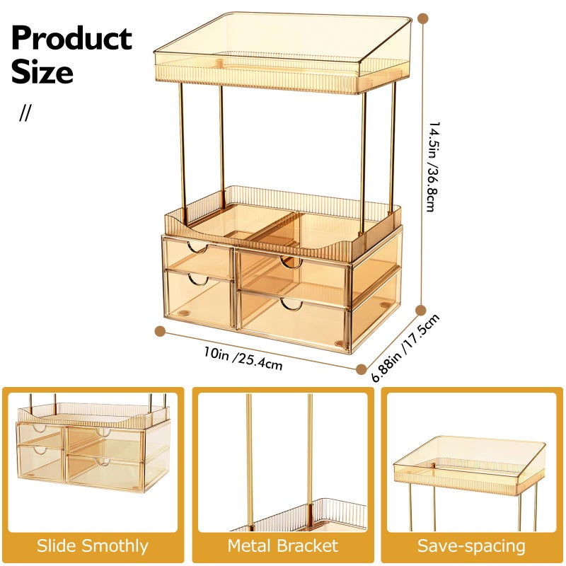 SNSLXH 4 Drawers Makeup Organizer - 4 Tier Makeup Storage, Cosmetics Organiser, Ideal for Cosmetic, 4 Dividers with Drawers for Countertop, Bathroom, Office Supplies, Dresser Transparent Tawny - Image 2