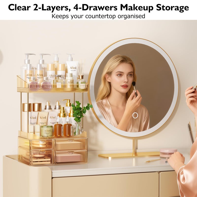 SNSLXH 4 Drawers Makeup Organizer - 4 Tier Makeup Storage, Cosmetics Organiser, Ideal for Cosmetic, 4 Dividers with Drawers for Countertop, Bathroom, Office Supplies, Dresser Transparent Tawny - Image 3