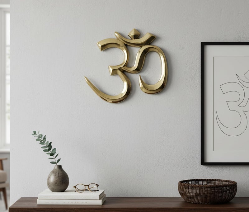 eSplanade Brass OM Wall Hanging Sculpture | Vastu Fengshui Goodluck, Auspicious, Religious symbols | Pooja Idols | Home Decor -Golden - 9" Inches - Image 1