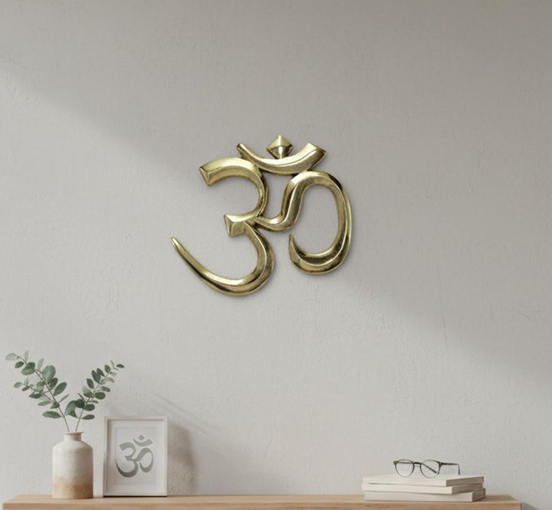 eSplanade Brass OM Wall Hanging Sculpture | Vastu Fengshui Goodluck, Auspicious, Religious symbols | Pooja Idols | Home Decor -Golden - 9" Inches - Image 2