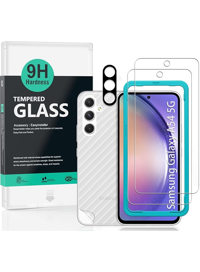 إيروريكس واقي شاشة لهاتف سامسونج جالاكسي A54 5G مقاس 6.4 بوصة مع قطعتين من الزجاج المقوى وقطعة واحدة من واقي عدسة الكاميرا وقطعة واحدة من فيلم ألياف الكربون الداعم وقارئ بصمات الأصابع سهل التركيب - Image 1