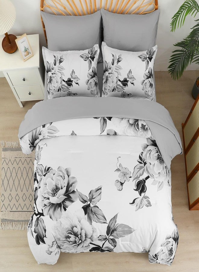 Drucon Grey Floral Comforter Set King 7 Pieces Bed in a Bag Botanical Floral Comforter Soft Microfiber Grey Bedding Set King Size Bed with Sheet and Pillowcase - Image 2