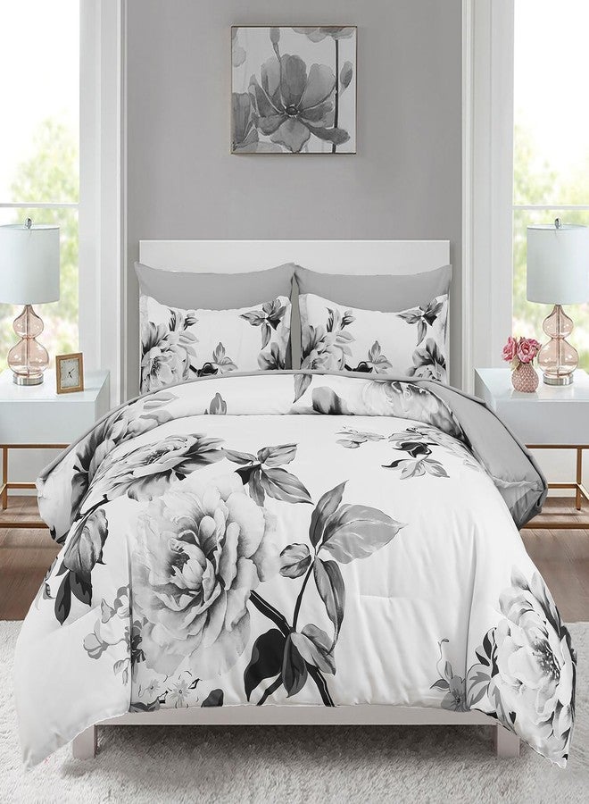 Drucon Grey Floral Comforter Set King 7 Pieces Bed in a Bag Botanical Floral Comforter Soft Microfiber Grey Bedding Set King Size Bed with Sheet and Pillowcase - Image 1