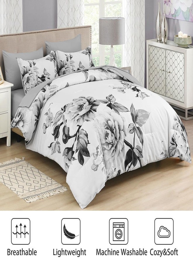 Drucon Grey Floral Comforter Set King 7 Pieces Bed in a Bag Botanical Floral Comforter Soft Microfiber Grey Bedding Set King Size Bed with Sheet and Pillowcase - Image 3