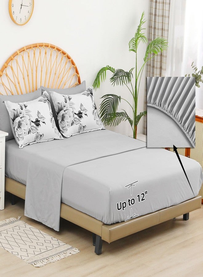 Drucon Grey Floral Comforter Set King 7 Pieces Bed in a Bag Botanical Floral Comforter Soft Microfiber Grey Bedding Set King Size Bed with Sheet and Pillowcase - Image 4