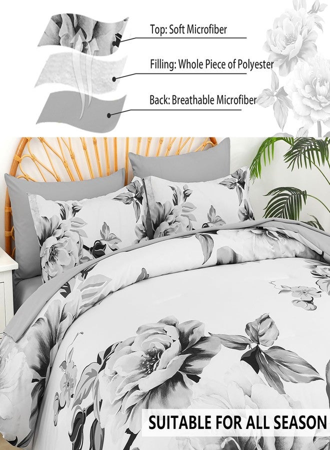 Drucon Grey Floral Comforter Set King 7 Pieces Bed in a Bag Botanical Floral Comforter Soft Microfiber Grey Bedding Set King Size Bed with Sheet and Pillowcase - Image 5