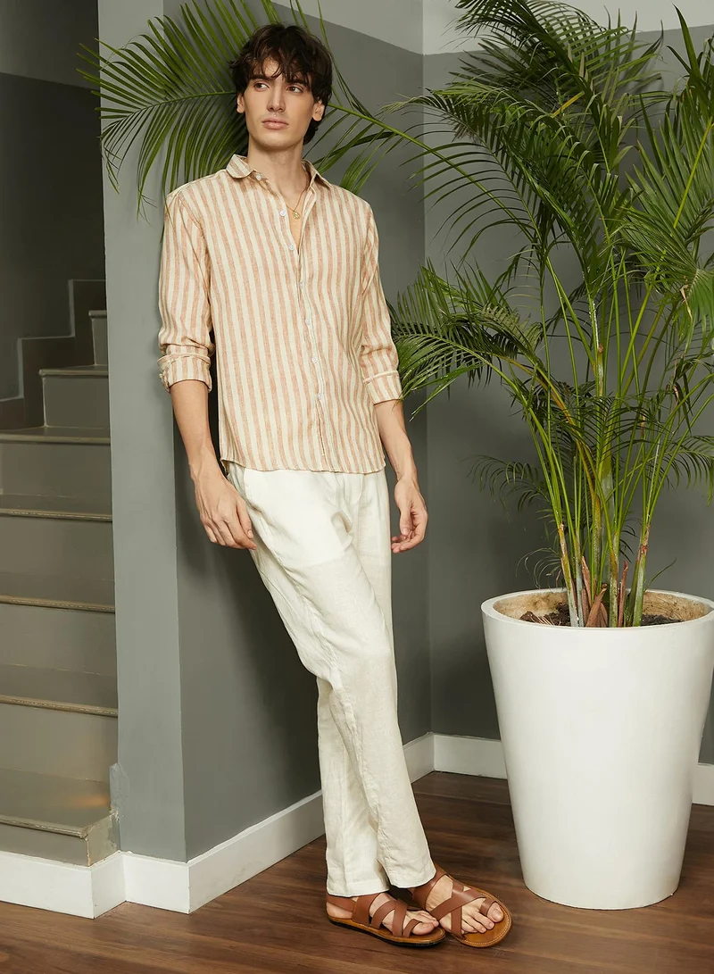 Campus Sutra Men's Tan Brown Heathered-Stripe Shirt