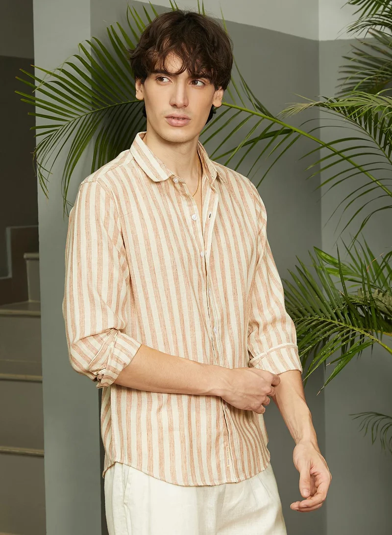 Campus Sutra Men's Tan Brown Heathered-Stripe Shirt