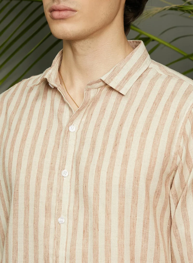 Campus Sutra Men's Tan Brown Heathered-Stripe Shirt