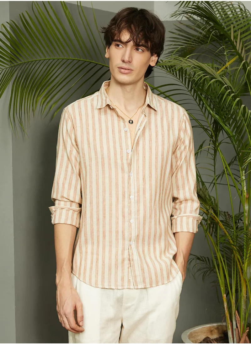 Campus Sutra Men's Tan Brown Heathered-Stripe Shirt