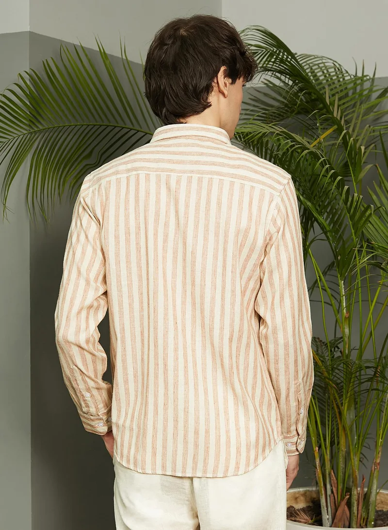 Campus Sutra Men's Tan Brown Heathered-Stripe Shirt