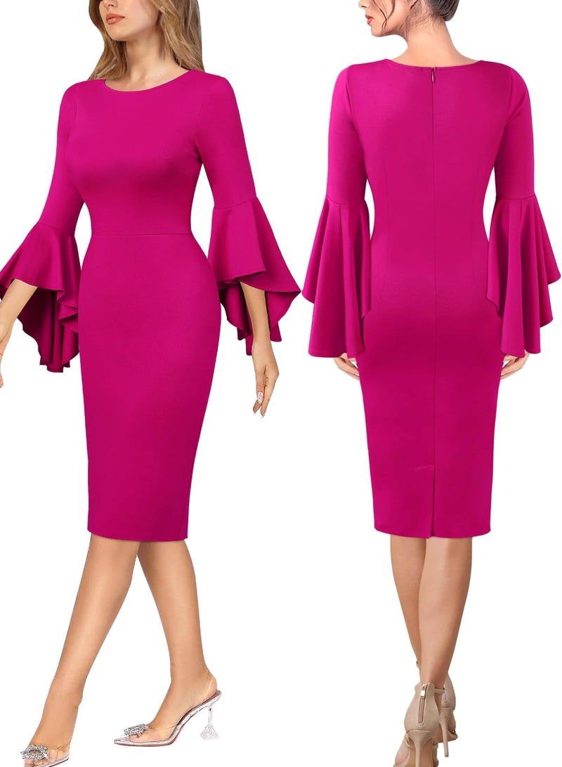 VFSHOW Womens Ruffle Bell Sleeves Cocktail Party Wedding Guest Slim Bodycon Graduation Birthday Party Pencil Sheath Dress (Hot Pink, Large) 10856 HPIK L - Image 4