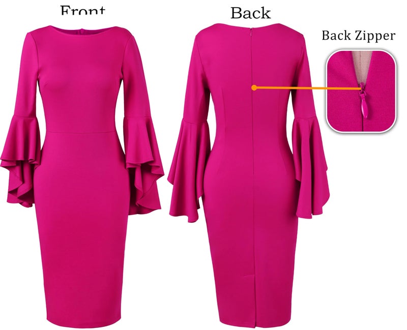 VFSHOW Womens Ruffle Bell Sleeves Cocktail Party Wedding Guest Slim Bodycon Graduation Birthday Party Pencil Sheath Dress (Hot Pink, Large) 10856 HPIK L - Image 5