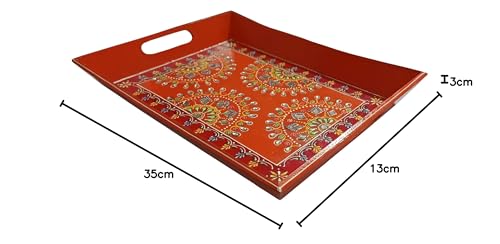 Freesia صينية كبيرة مزينة يدويًا من خشب صلب بتصميم تقليدي احتفالي، برتقالية - Image 4