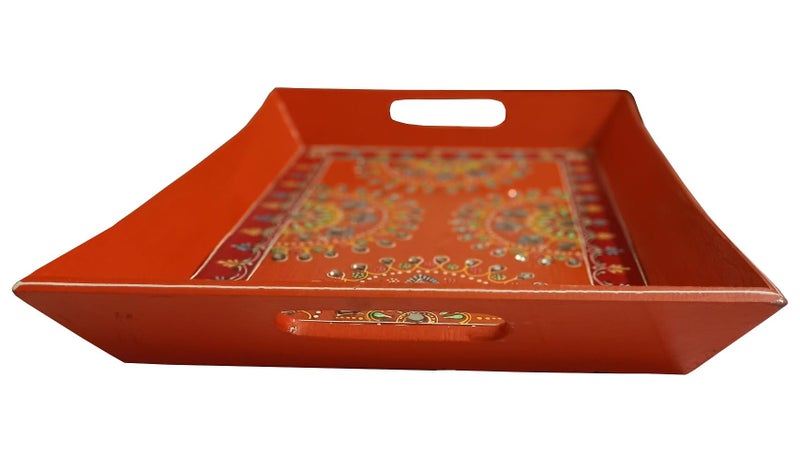 Freesia صينية كبيرة مزينة يدويًا من خشب صلب بتصميم تقليدي احتفالي، برتقالية - Image 3