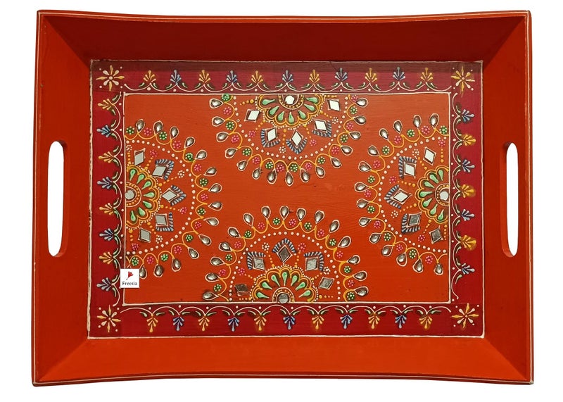 Freesia صينية كبيرة مزينة يدويًا من خشب صلب بتصميم تقليدي احتفالي، برتقالية - Image 1