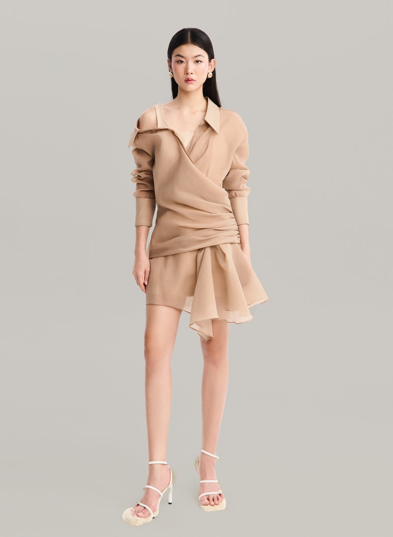 MUST HAVE • CARAMEL OFF-SHOULDER MINI SHIRT-DRESS  - Image 1
