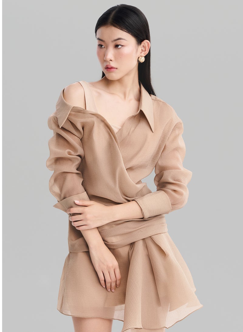 MUST HAVE • CARAMEL OFF-SHOULDER MINI SHIRT-DRESS  - Image 3