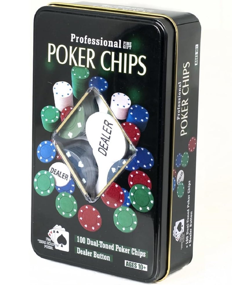 FunBlast رقائق البوكر، 100 قطعة من رقائق البوكر ذات اللونين مع زر الموزع، مجموعة عملات البوكر في علبة معدنية محمولة، ألعاب لوحية عائلية، عملات البوكر للأطفال والبالغين (متعددة الألوان) - Image 1