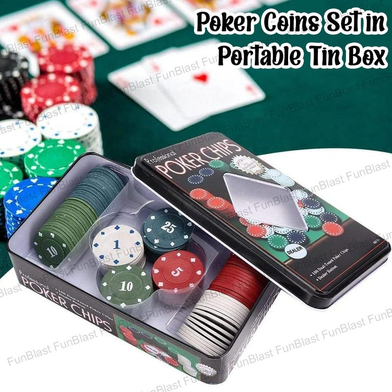 FunBlast رقائق البوكر، 100 قطعة من رقائق البوكر ذات اللونين مع زر الموزع، مجموعة عملات البوكر في علبة معدنية محمولة، ألعاب لوحية عائلية، عملات البوكر للأطفال والبالغين (متعددة الألوان) - Image 5