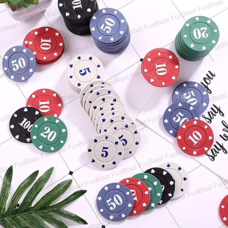 FunBlast رقائق البوكر، 100 قطعة من رقائق البوكر ذات اللونين مع زر الموزع، مجموعة عملات البوكر في علبة معدنية محمولة، ألعاب لوحية عائلية، عملات البوكر للأطفال والبالغين (متعددة الألوان) - Image 4