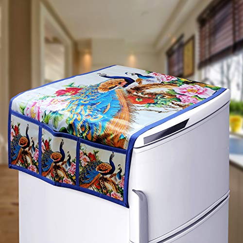 KANUSHI Industries® 1Pc Fridge Cover for Top with 6 Utility Pockets + 4 Fridge Mats (FRI-White-Peacock+M-8-04) - Image 2
