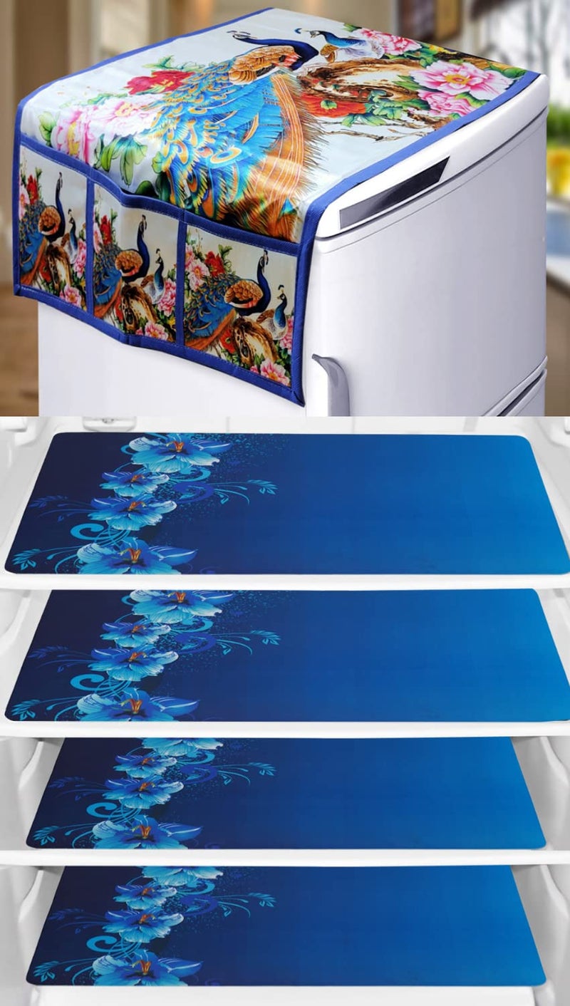 KANUSHI Industries® 1Pc Fridge Cover for Top with 6 Utility Pockets + 4 Fridge Mats (FRI-White-Peacock+M-8-04) - Image 5