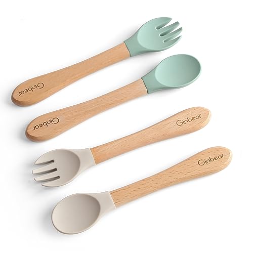 Ginbear Silicone Baby Spoons and Forks Self-feeding 12-18 Months, Soft-Tip Baby Flatware Sets, Toddler Feeding Utensils for Child, 4 Piece Set (Hazy Green/Almond) - Image 1