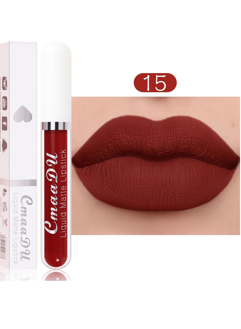 CmaaDu 1 قطعة أحمر شفاه سائل، أحمر شفاه لامع مقاوم للماء، لون غير متلاشي يدوم طويلاً غير لامع، تركيبة طبيعية مرطبة لأقلام تحديد الشفاه لمناسبات متعددة، (لون أحمر شفاه غير لامع_15) - Image 1