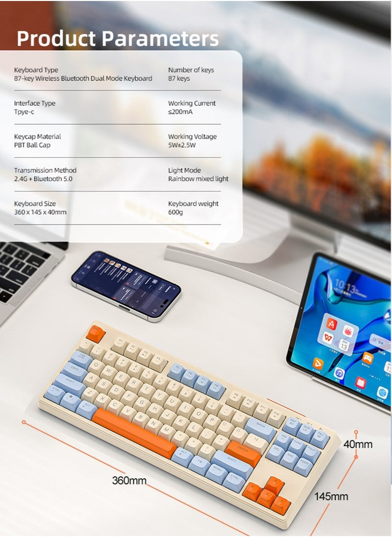 Free wolf - Gaming Keyboard, 87 Keys Gaming Keyboard, Hot Swappable with PBT Keycaps Mechanical Keyboard Wireless Mechanical Keyboard Bluetooth/2.4G/Wired Hot Swappable Pre-lubed Switches - Image 1