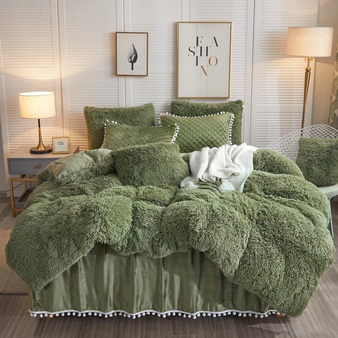 LUXURY PLUSH SHAGGY DUVET COVER SET SOFT FLUFFY FURRY DUVET COVER SET1 FAUX FUR FUZZY COMFORTER COVER2 POM POMS VELVET PILLOWCASESSOLID BEDDING SET ZIPPER CLOSUREFULLQUEEN SAGE GREEN