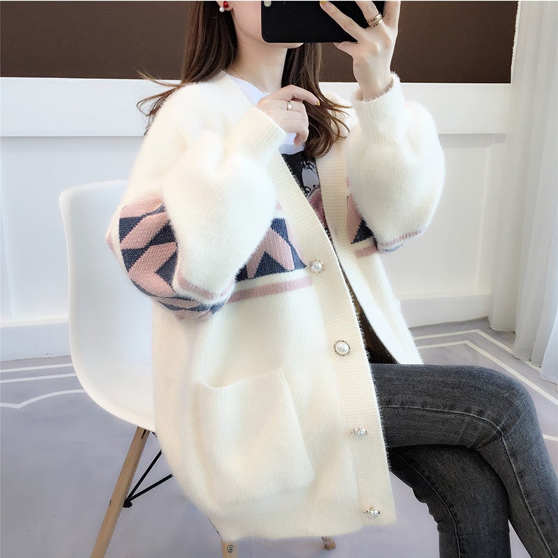 Ladies Mink Cashmere Cardigan Sweater 2024 New Knit Top 1256 off White