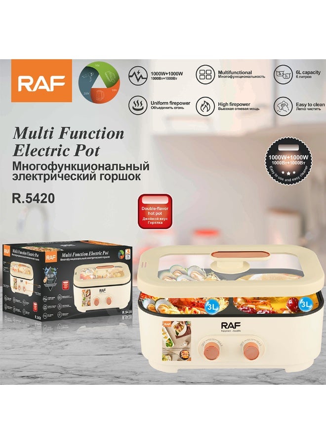 آر إيه أف وعاء تسخين كهربائي 2 في 1 من RAF - 2000 واط مع منطقتي تسخين مزدوجتين (1000 واط + 1000 واط)، وعاء طهي مزدوج النكهة سعة 6 لتر مع تسخين سريع، وعاء غير لاصق سهل التنظيف، مثالي للشواء، شابو شابو، الحساء واليخنات - Image 4