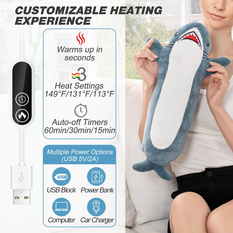 HOTHUGZ Shark Heating Pad for Cramps & Menstrual Pain Relief, Cute Stuffed Animal Electric Heating Pad, USB Powered Heated Plush Toy, Portable Warm Cushion, Spring Gift for Women Teen Girls - Image 3